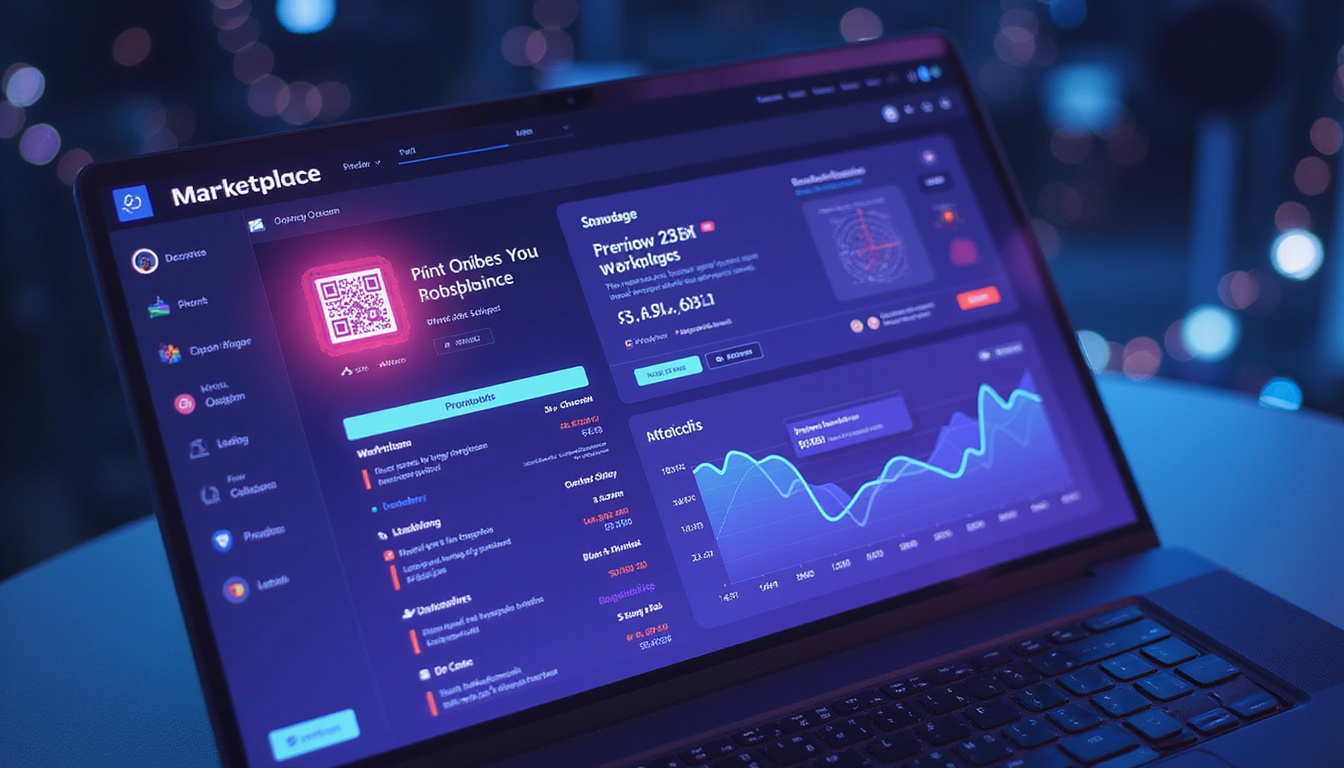  Digital marketplace dashboard displaying print sales, QR code certificate, blockchain ledger hologram