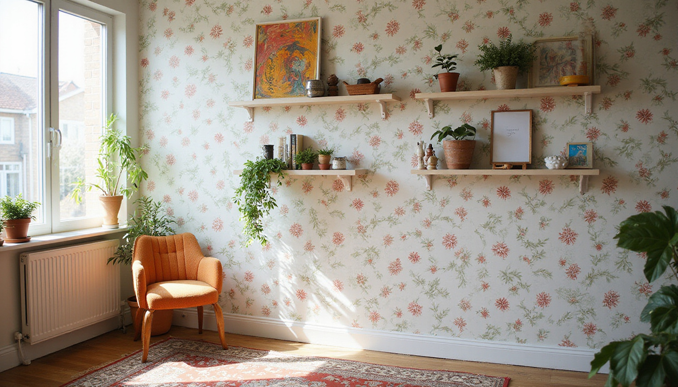 Renter arranging peel-and-stick wallpaper, floating shelves, area rug, thrifted decor, sunlight