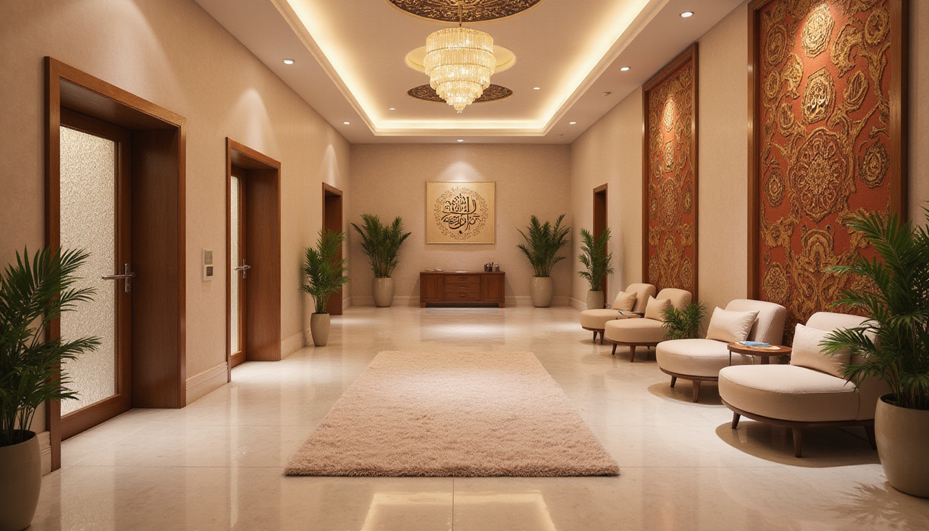  Serene spa lobby, Arabic calligraphy, separate gender lounges, plush prayer mat, soft ambient lighting