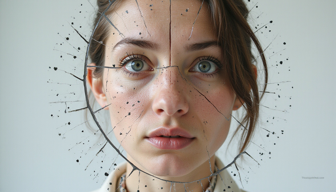 Cracked mirror reflecting anxious face, tiny black motes circling like negative energy