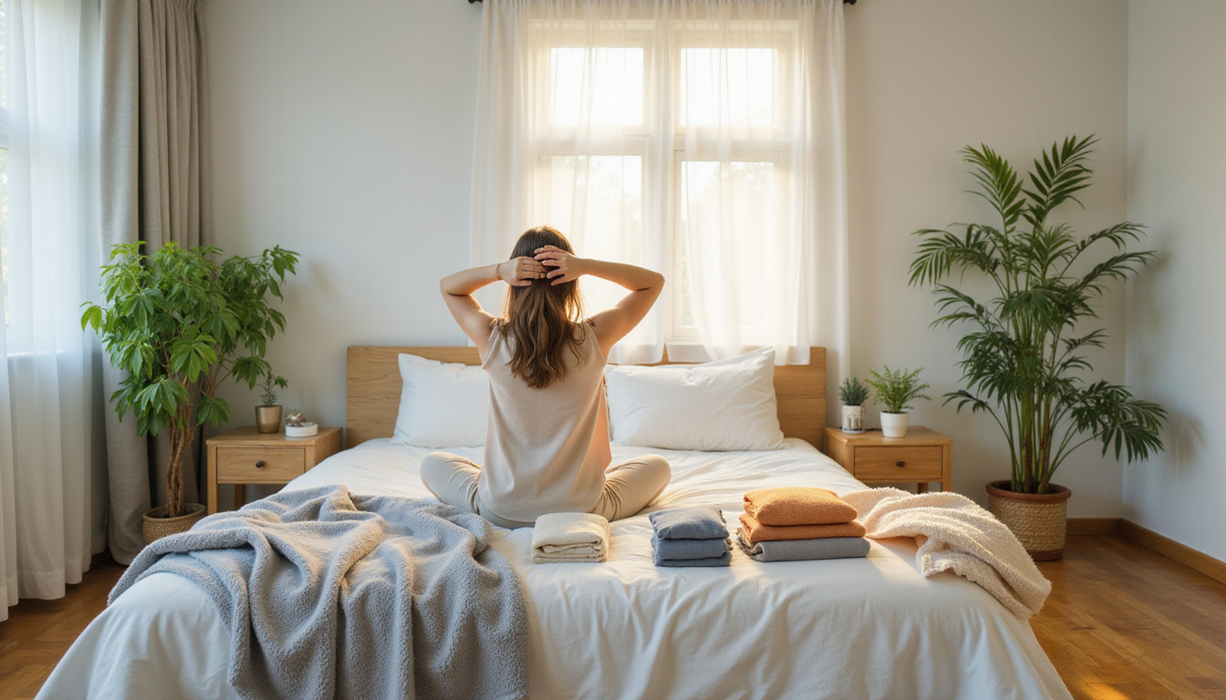  Minimal bedroom with neatly folded clothes, indoor plants, sunlight streaming, person stretching, peaceful daily ritual