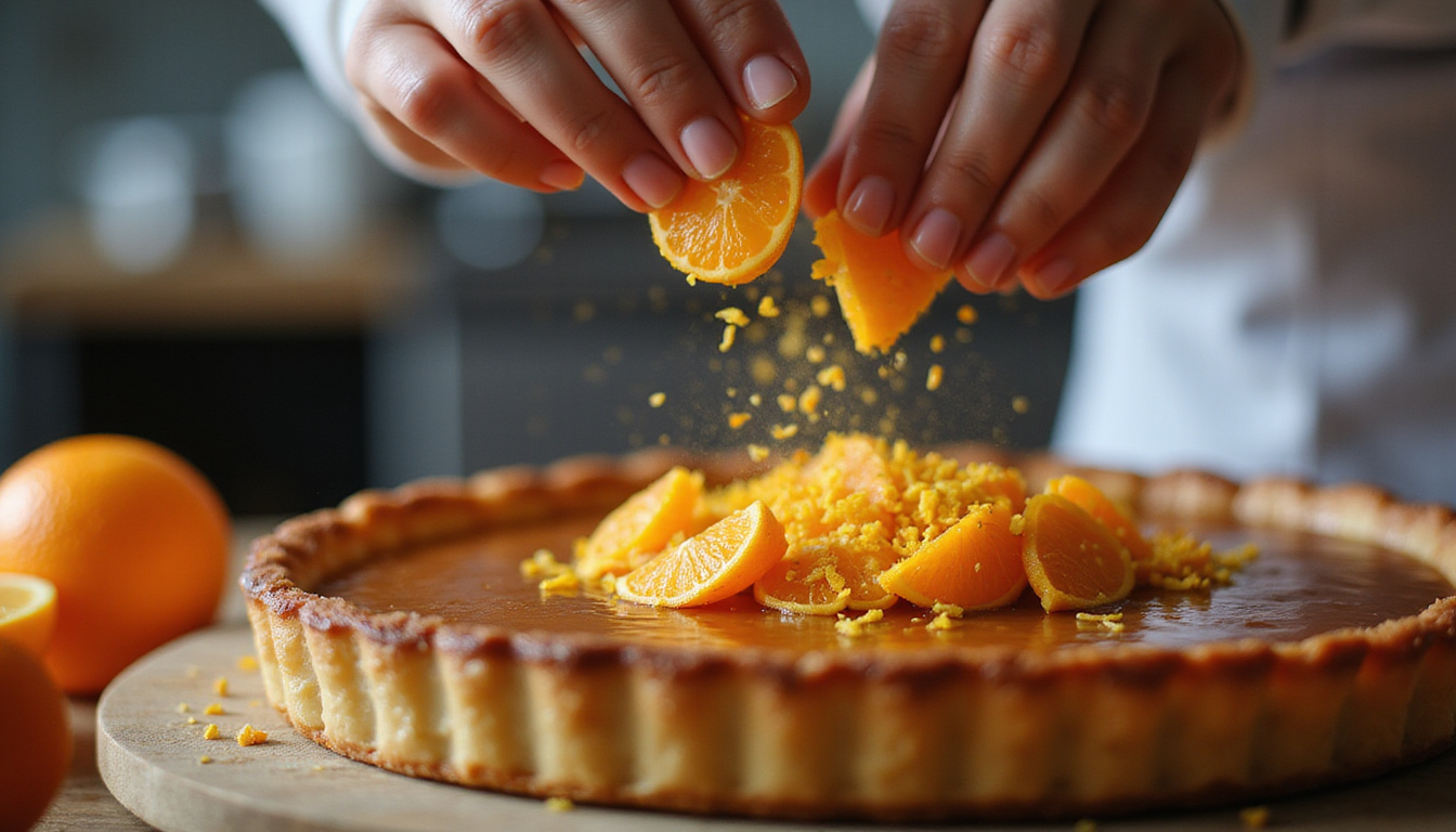  Chef sprinkling kumquat zest over caramel tart, aromatic steam, golden glow