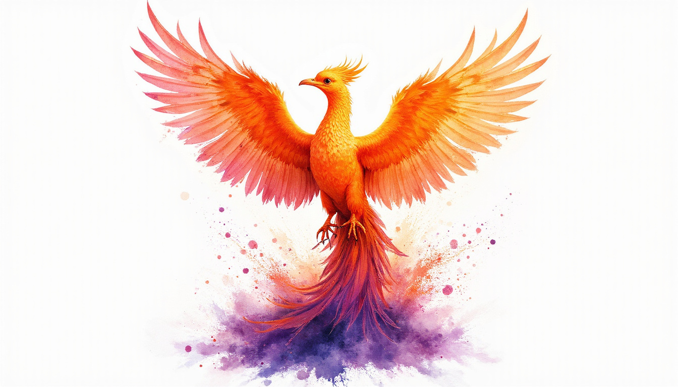 Watercolor phoenix rising from ash, vivid oranges and purples, delicate filigree accents, rebirth symbolism