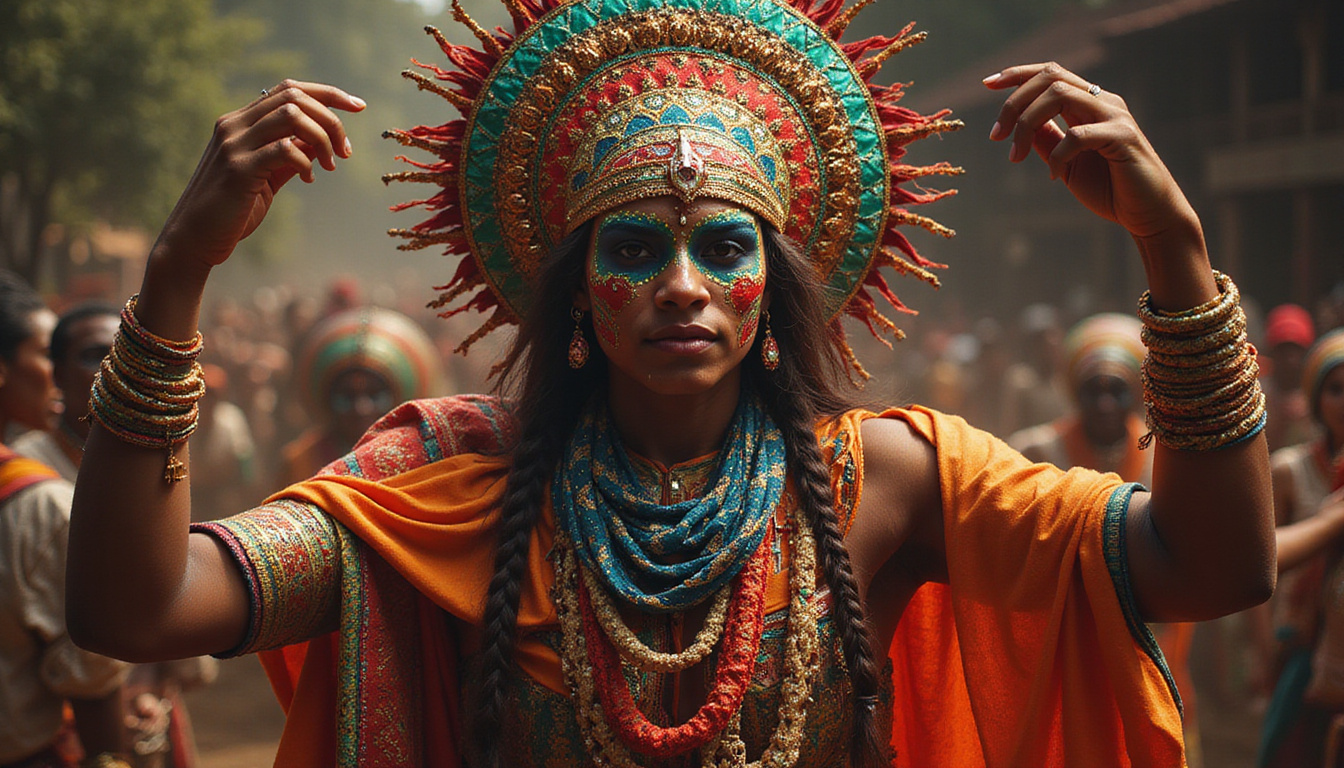 Masked dancer mid-ritual, colorful fabrics, painted face, dramatic shadows, ancestral spirits swirling
