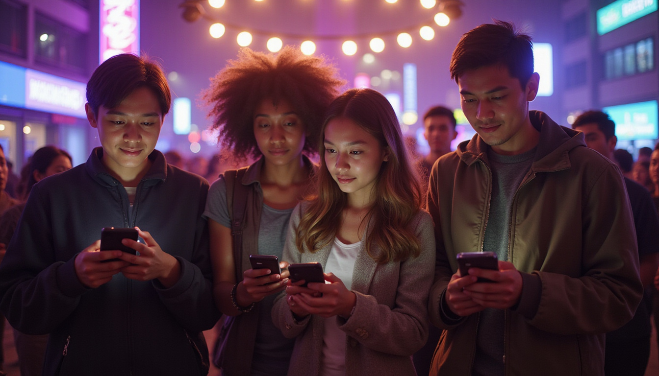 Young urban family performing revival ceremony with smartphone prayers, neon city backdrop