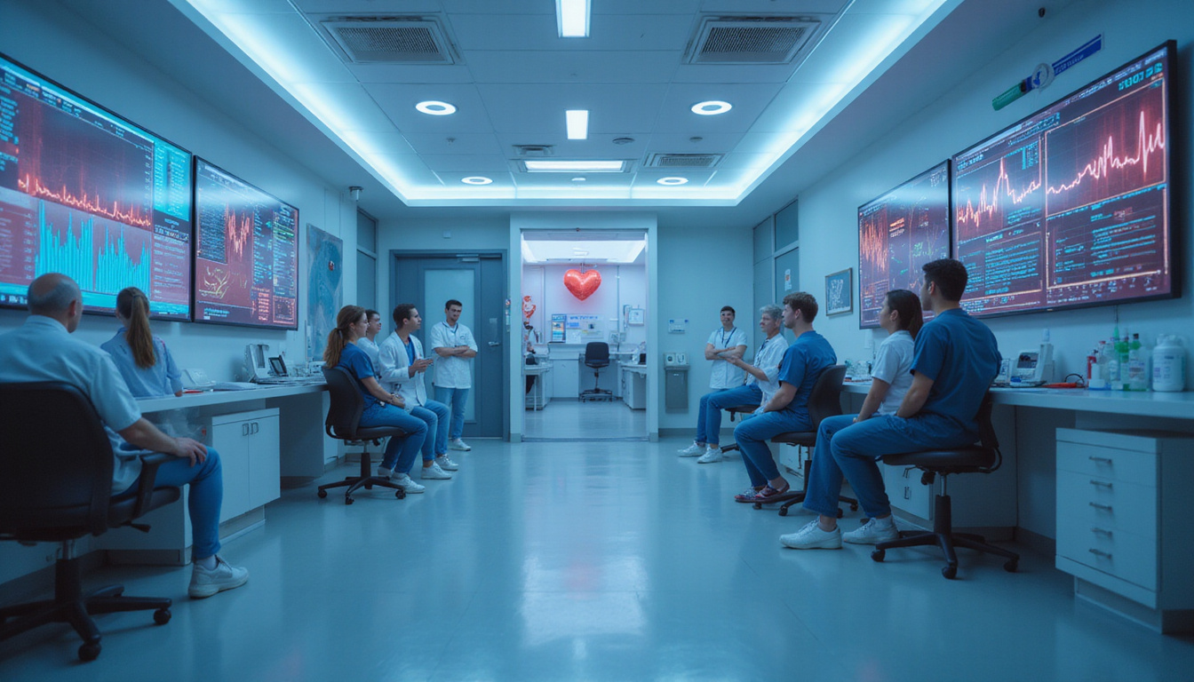  Futuristic clinic displaying real-time heart rate, oxygen, glucose graphs, diverse care team monitoring remotely