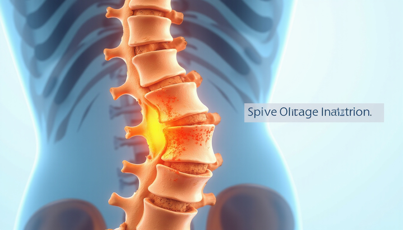 Detailed 3D lumbar spine decompression illustration, healed tissue, vibrant colors, infographic arrows