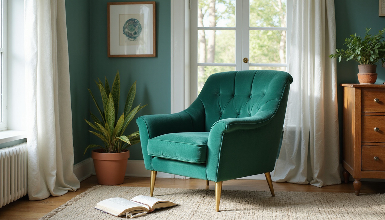  Vintage chair reupholstered in emerald velvet, brass mid-century legs, sunlit cozy reading nook