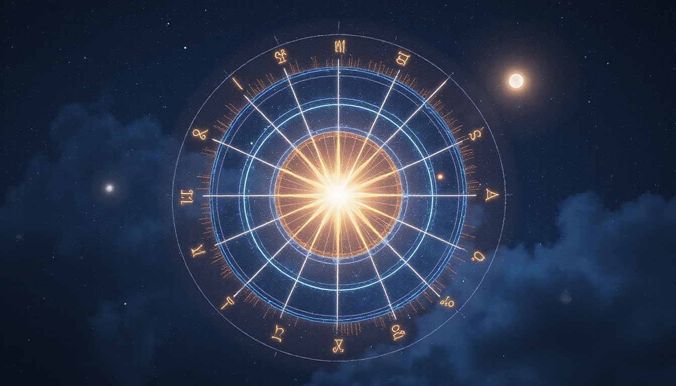 Moonlit astrological wheel, radiant sun center, personality archetypes as luminous constellations, mystic aura