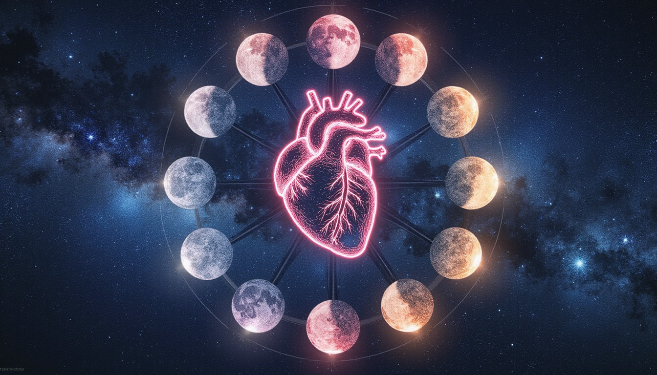 Secret map of moon phases overlaying a human heart and compass, ethereal starlit colors indicating choices