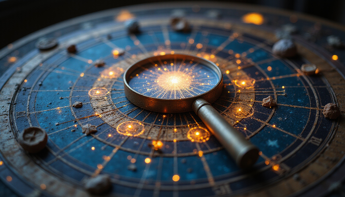 Ancient astrological wheel, planets connected by luminous threads, magnifying glass revealing intricate constellations