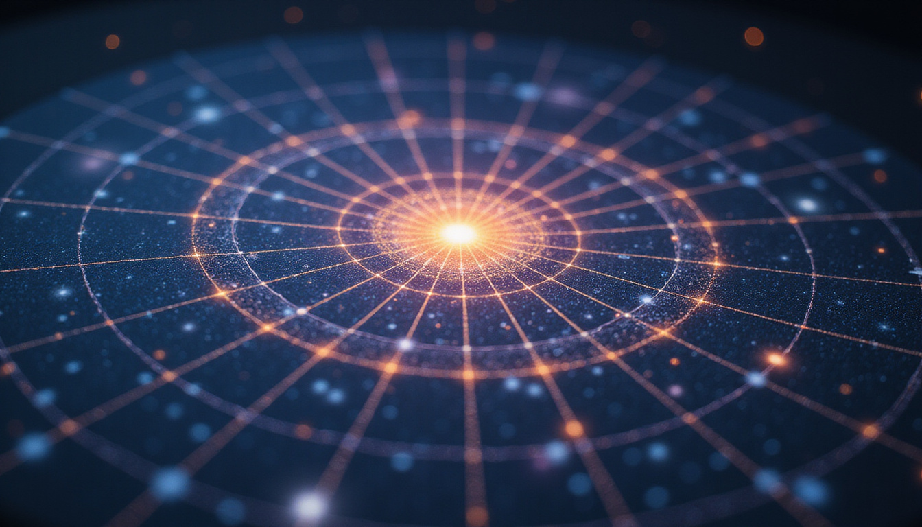 Digital interface decoding synastry instantly, streaming constellation threads, glowing heart node at center