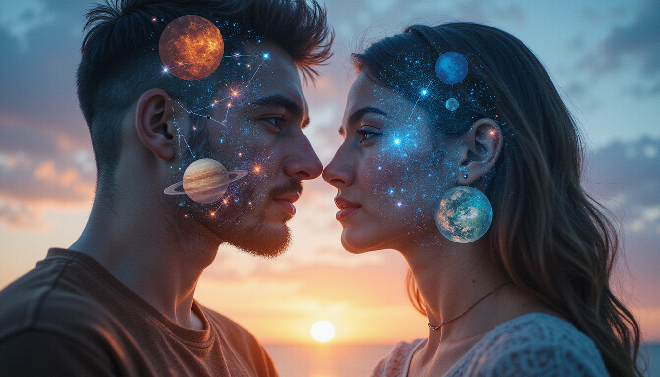 Intimate double-exposure portrait of couple, planet icons overlay, heart constellation, warm romantic moonlight, watercolor texture