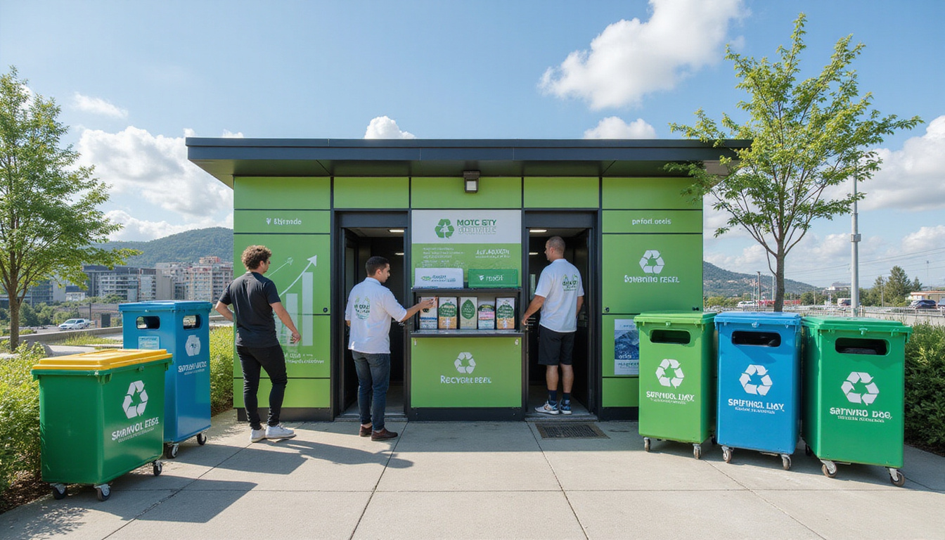  Corporate rooftop recycling hub, employees collaborating, branded bins, eco-friendly packaging, upward graph signage