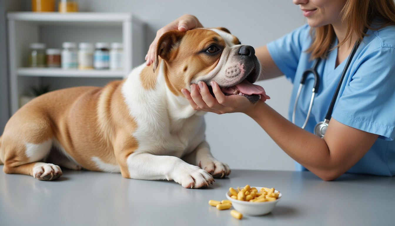  Senior bulldog stretching with veterinarian in clinic, shelves of turmeric capsules, fish oil, MSM for joint relief