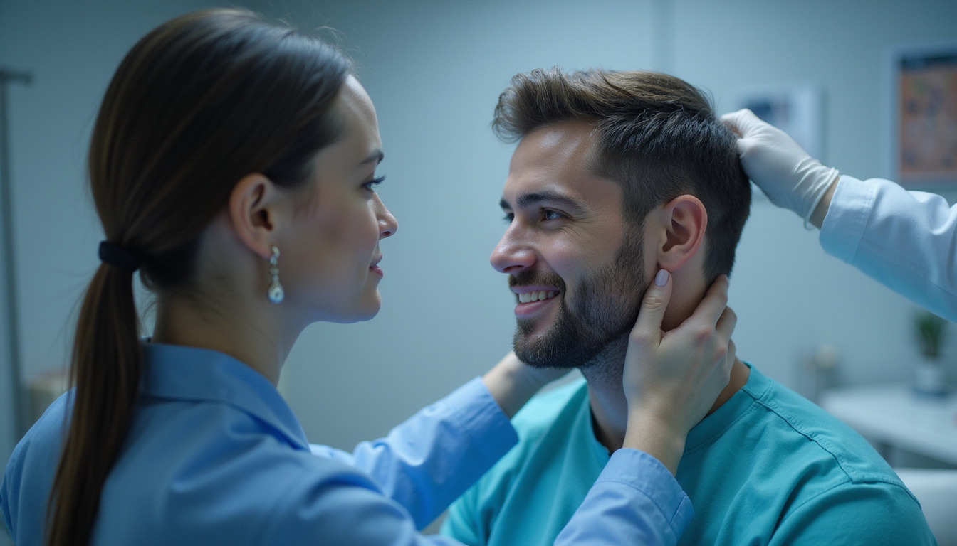  Hopeful patient receiving hair regrowth treatment, microscopic hormone pathways visualized, soft clinical lighting