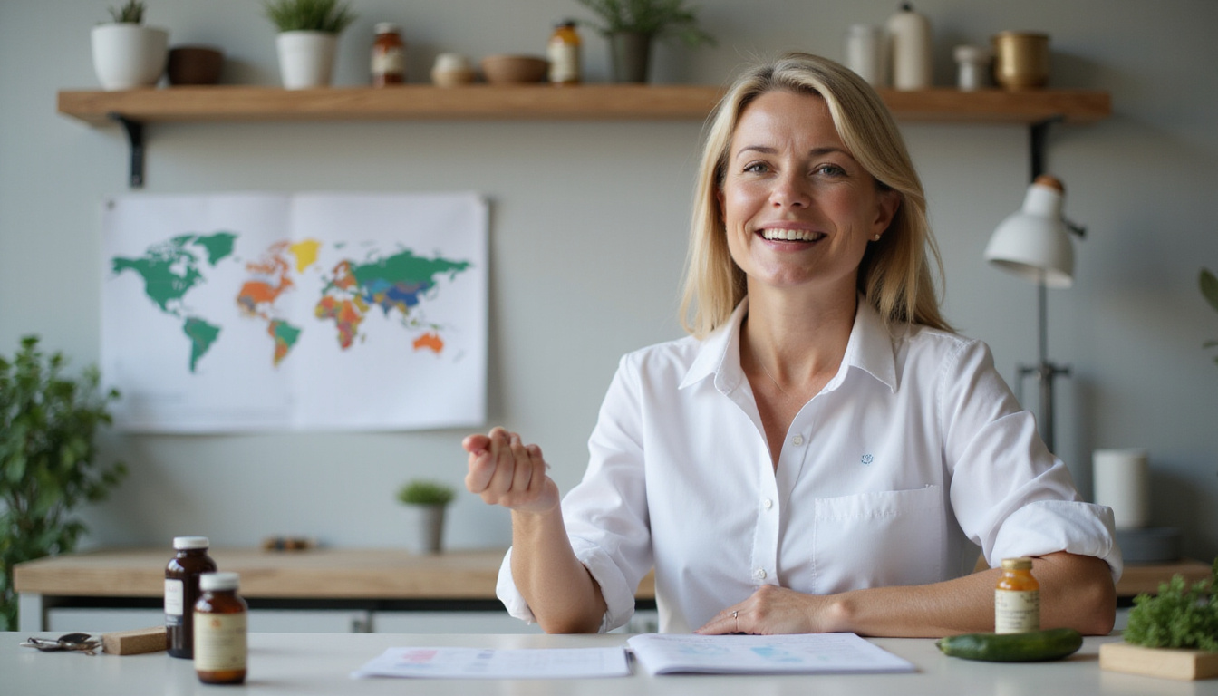  Confident middle-aged woman consulting nutritionist, charts, natural supplement bottles, serene clinic lighting