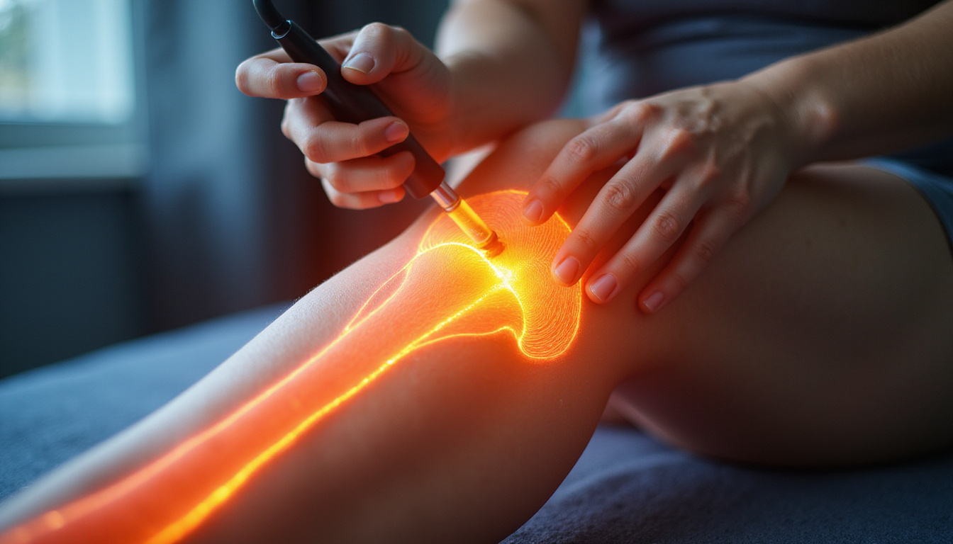Close-up hands, instrument gliding over tight calf, anatomical muscle overlay, gentle healing light