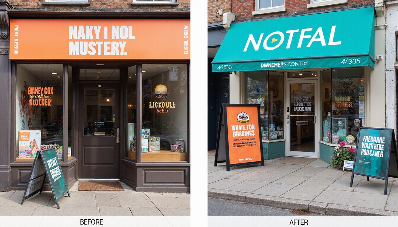 Before and after small storefront signage budget transformation vibrant banners stickers mockups hands-on craftsmanship