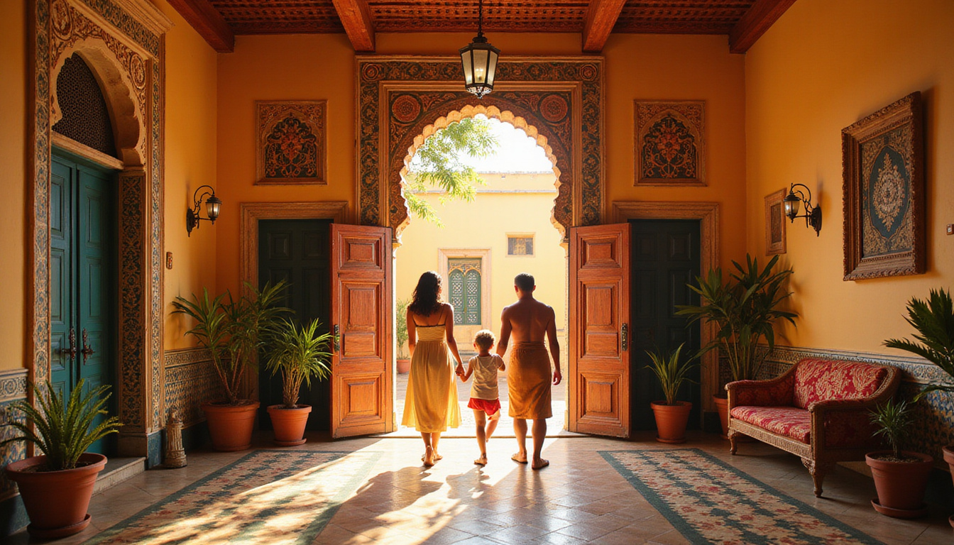 Traditional Egyptian courtyard home, sunlight through lattice, family inspecting ornate doors, vibrant colors