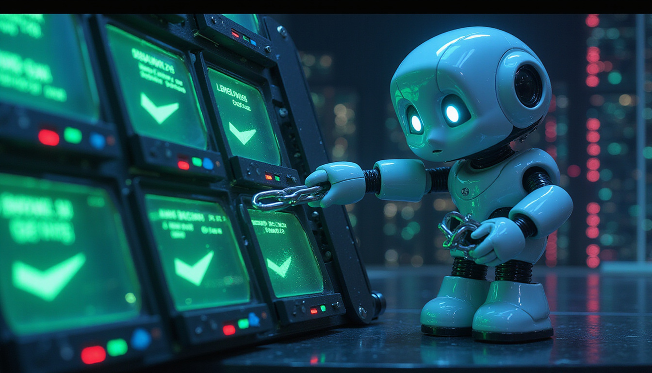 Automated release robots repairing broken links, green checkmarks, scaling skyscraper servers, neon night