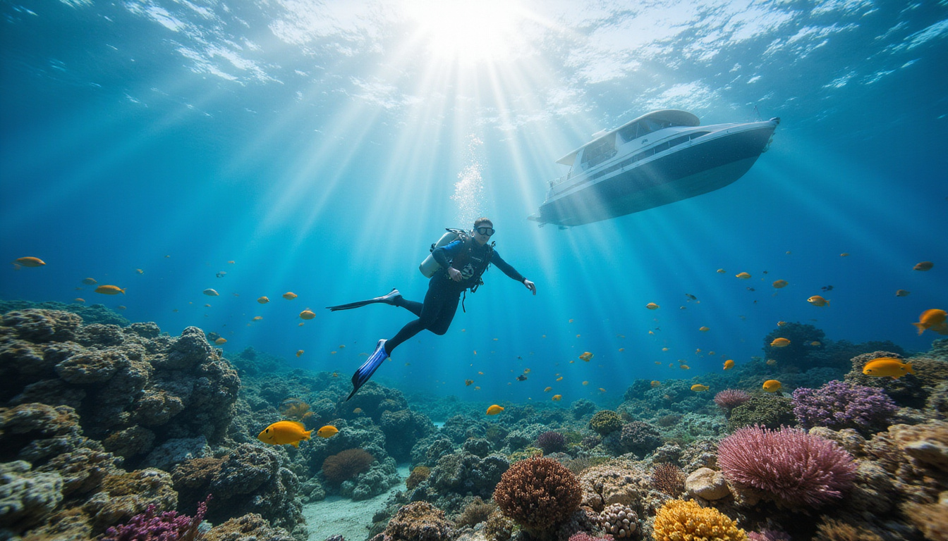 Underwater diver exploring vibrant coral reef, sunbeams, colorful fish, luxury dive boat above