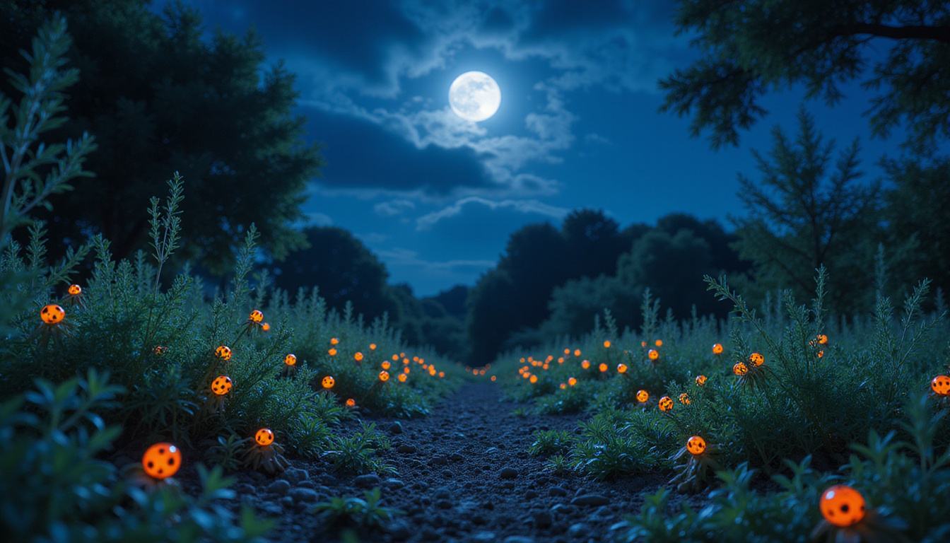 Moonlit garden scene where hundreds of glowing ladybugs restore wilting plants overnight