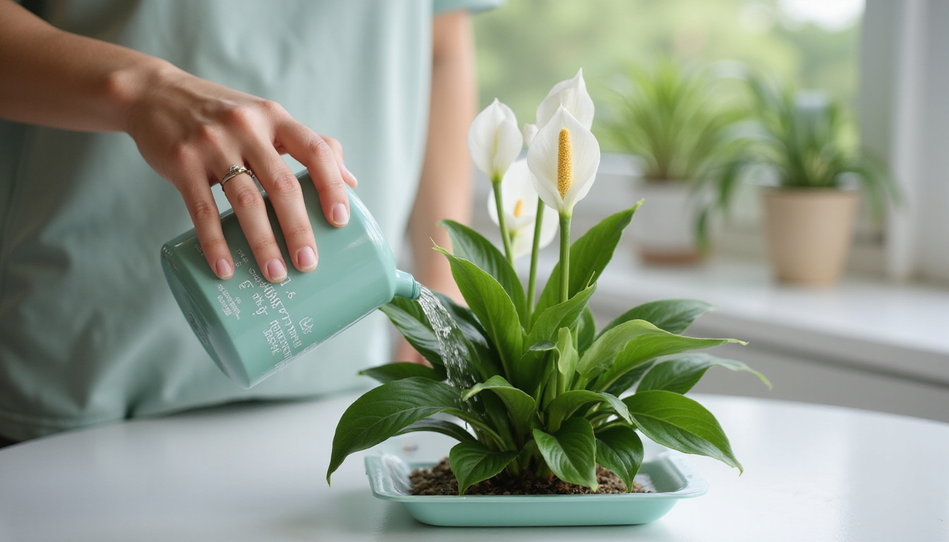 Hand watering peace lily with gentle sprinkle, humidity tray, labeled care notes, cozy aesthetic