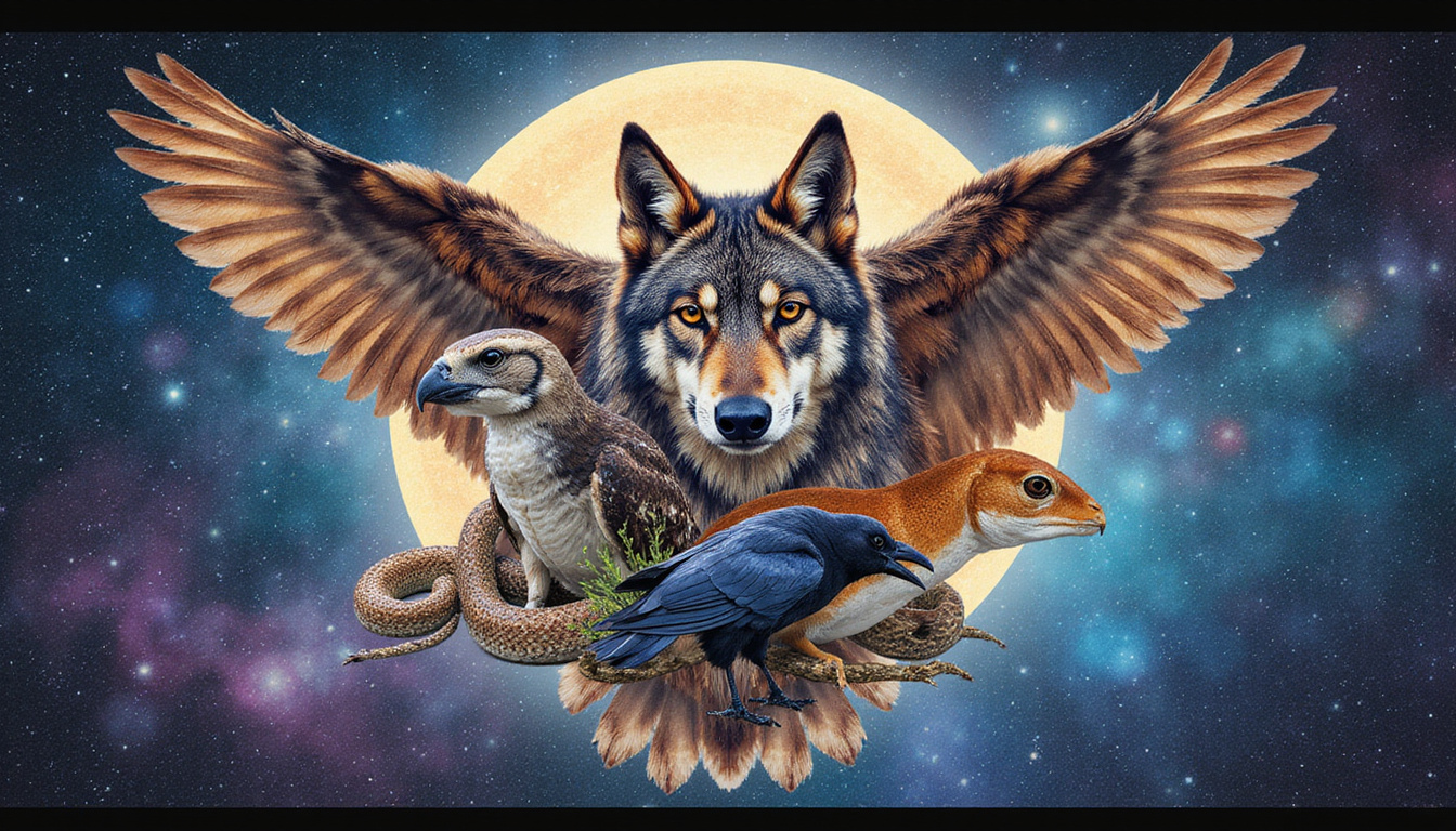 Ethereal collage of a wolf, owl, snake, deer, crow, fish representing meanings, cosmic background