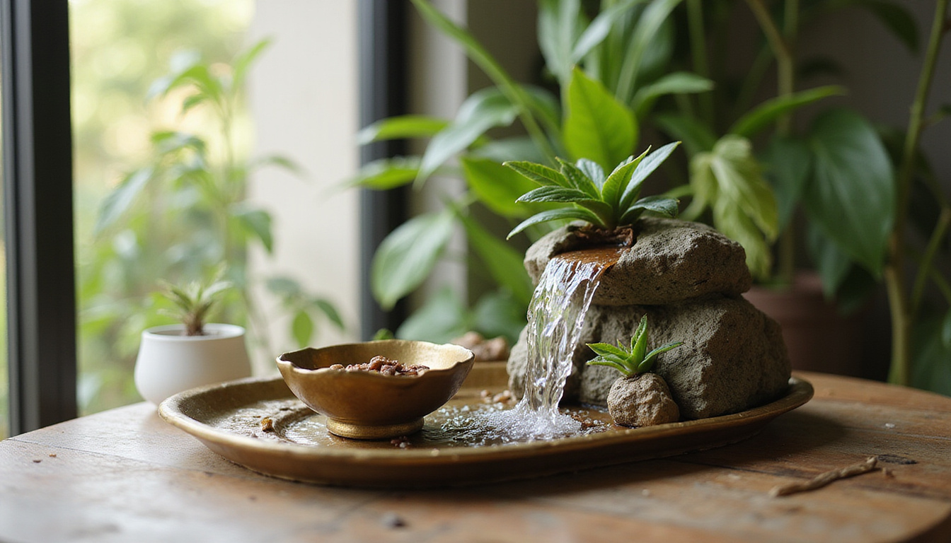 Brass backflow incense waterfall, safety tray, childproof placement near open window, indoor plants