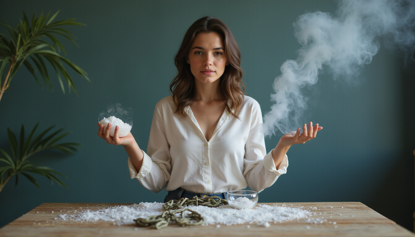 Woman cleansing with sea salt and sage smoke, broken chains of bad luck falling away