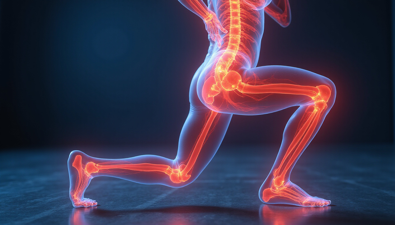 Close-up anatomical overlay of quadriceps activation during lunges, vibrant colors, educational style