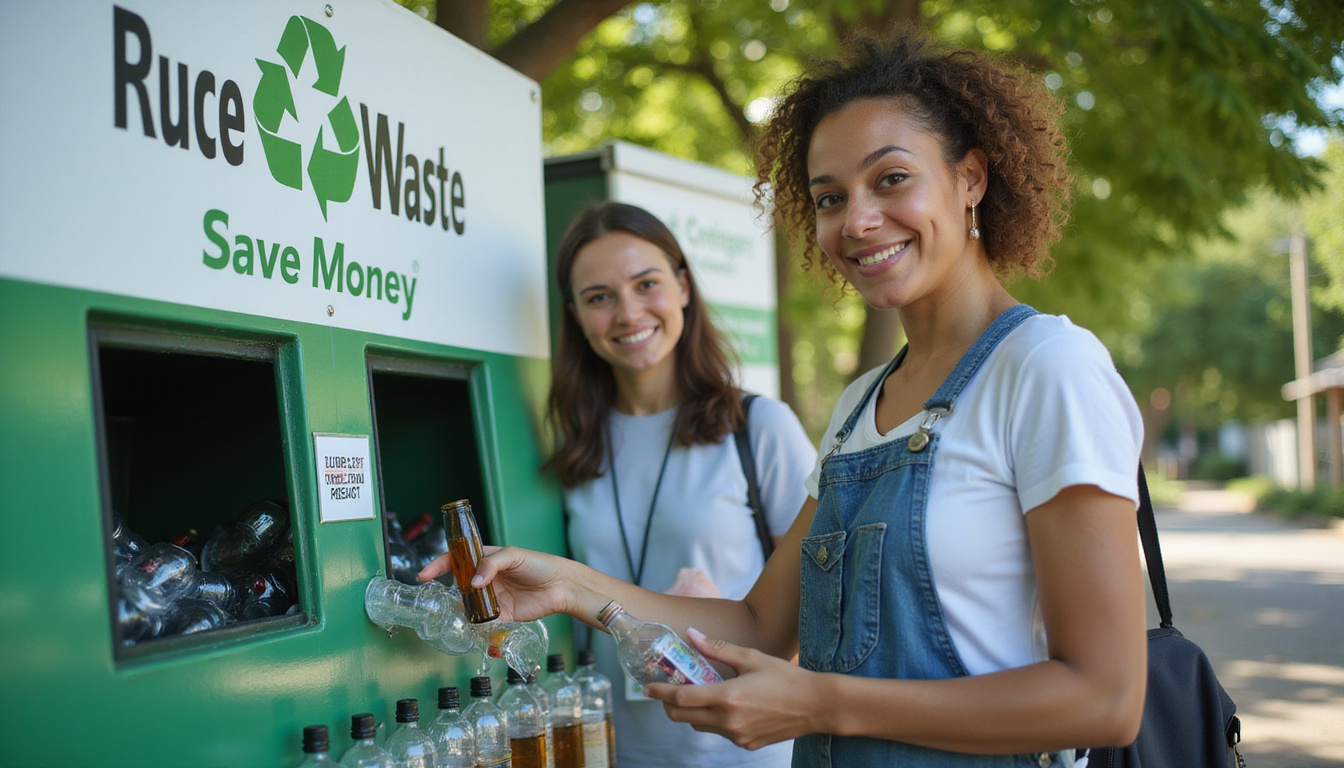 Community recycling hub with smiling people depositing bottles, signage