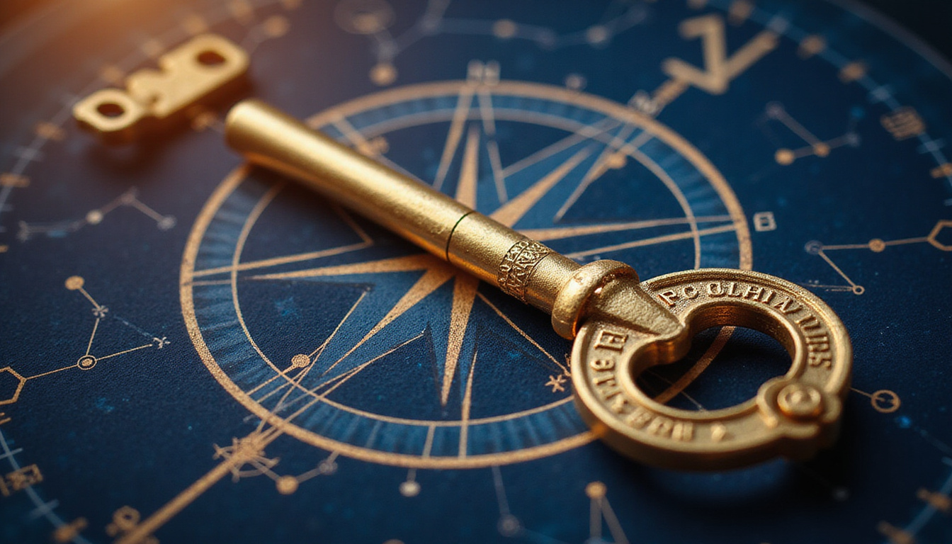 Golden key unlocking celestial compass, heart and briefcase constellations, career and love pathways