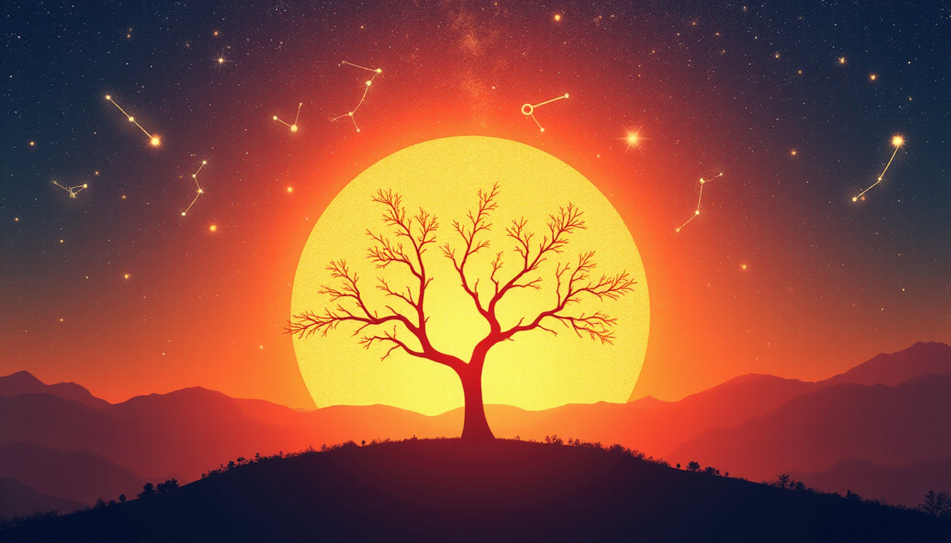 Silhouette with radiant sun behind, branching paths labeled Love and Career, celestial constellations