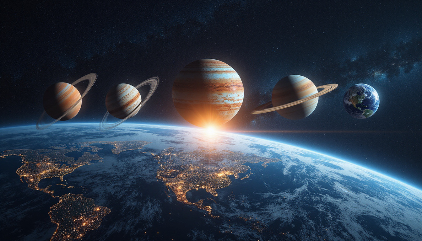 Ancient planets lined up above global stock exchange, circuits and coins morphing into neural waves