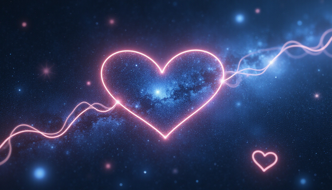 Moonlit cosmic chart overlay, electric threads connect heart-shaped constellations, chemistry radiating