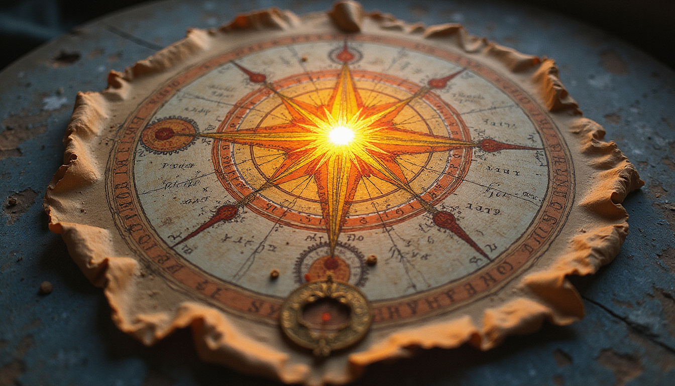 Ancient celestial map with glowing sun at center, compass, handwritten secrets revealing purpose