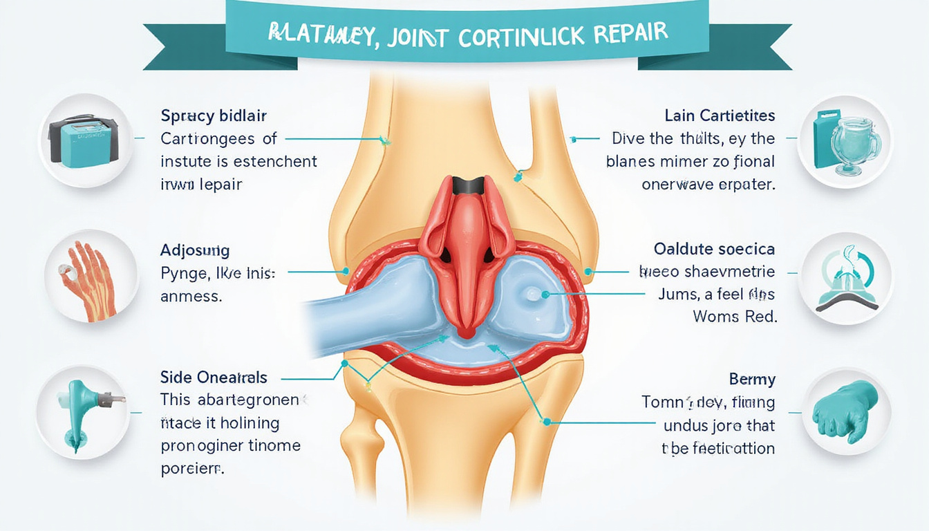  Cutaway anatomical infographic of joint cartilage repair, benefits and side effects icons, clean clinical style
