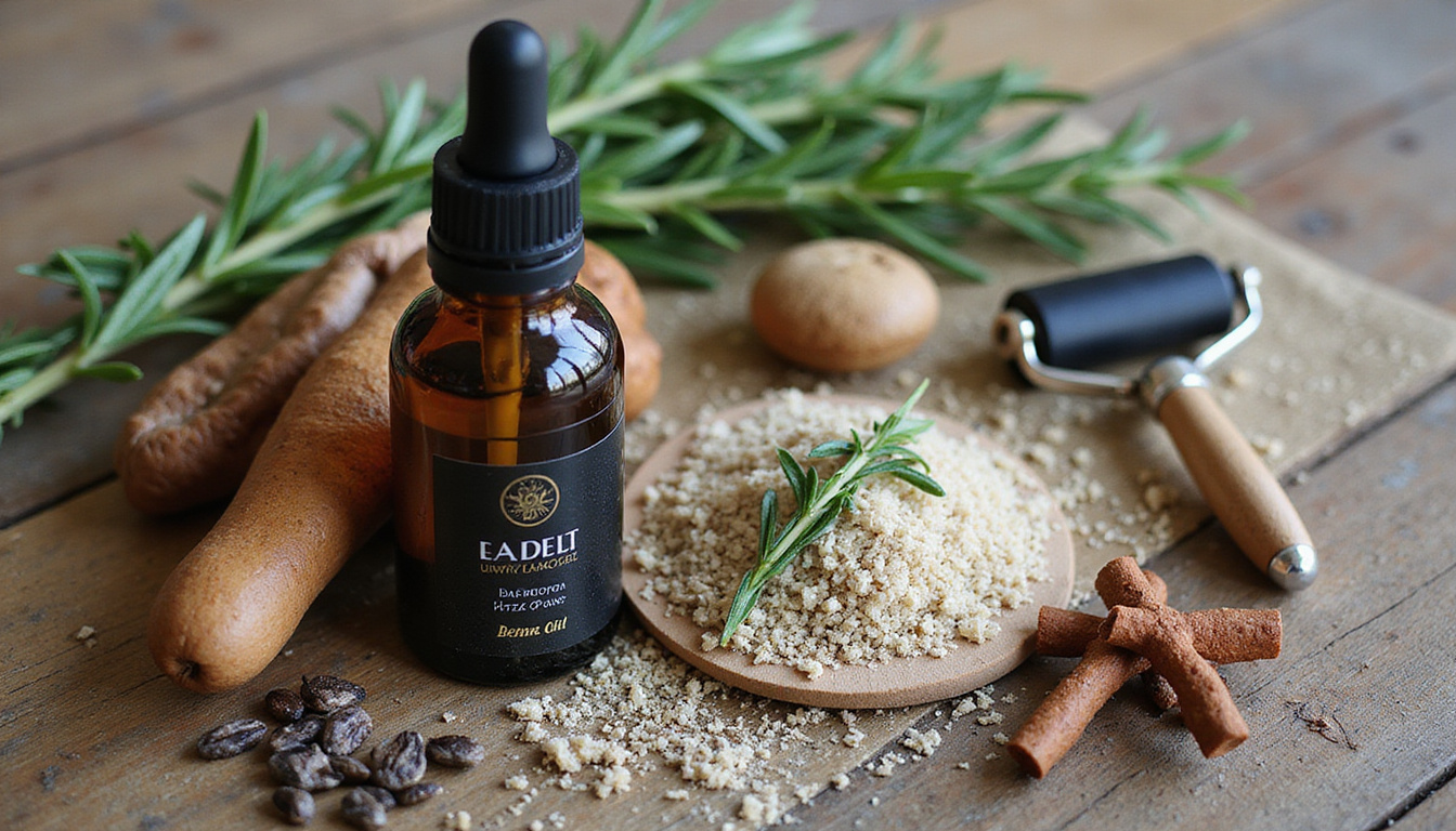  Arrangement of natural beard growth remedies: rosemary oil, derma roller, nutrition ingredients, rustic flatlay