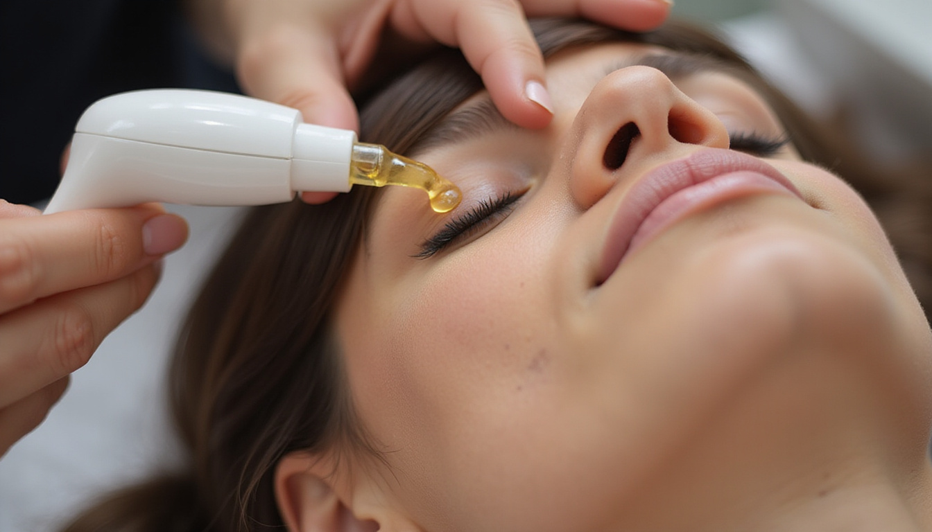  Intimate scalp treatment close-up: glowing healthy scalp, serum droplet, dermaroller, botanical oils, soothing massage