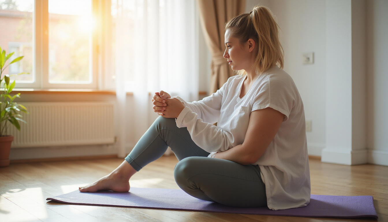 Physiotherapist demonstrating home core strengthening exercises on yoga mat, warm natural light