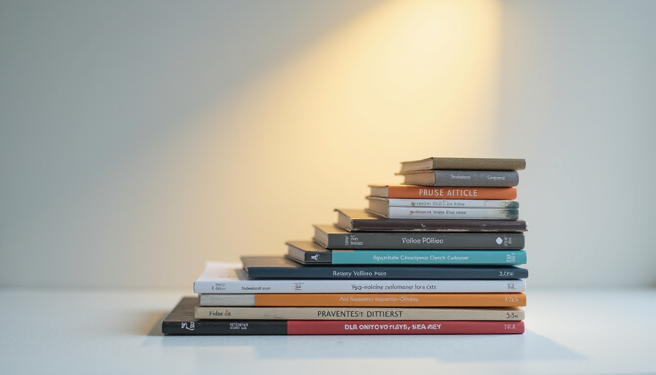 Stack of glossy trade publications forming upward staircase, golden spotlight on top article