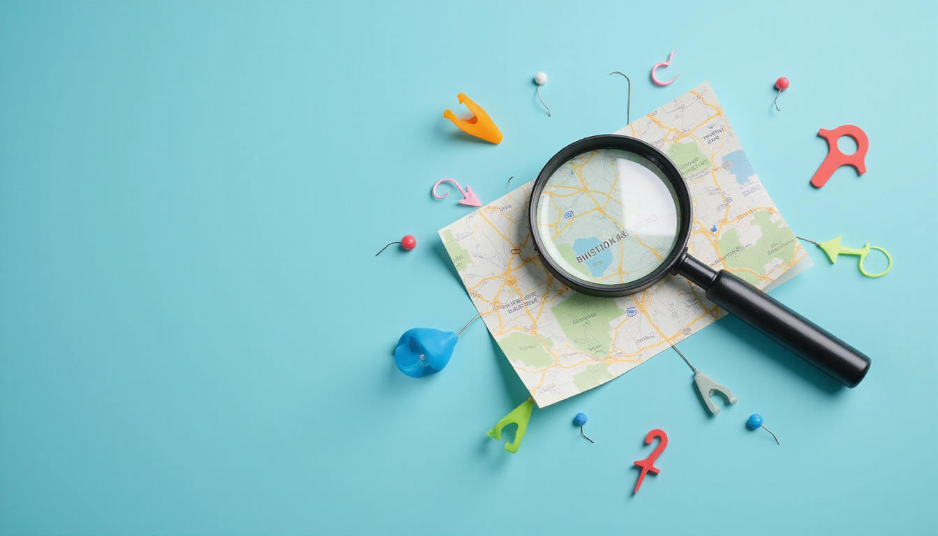 Magnifying glass over map pins, keyword cloud, conversion arrows pointing to modern home