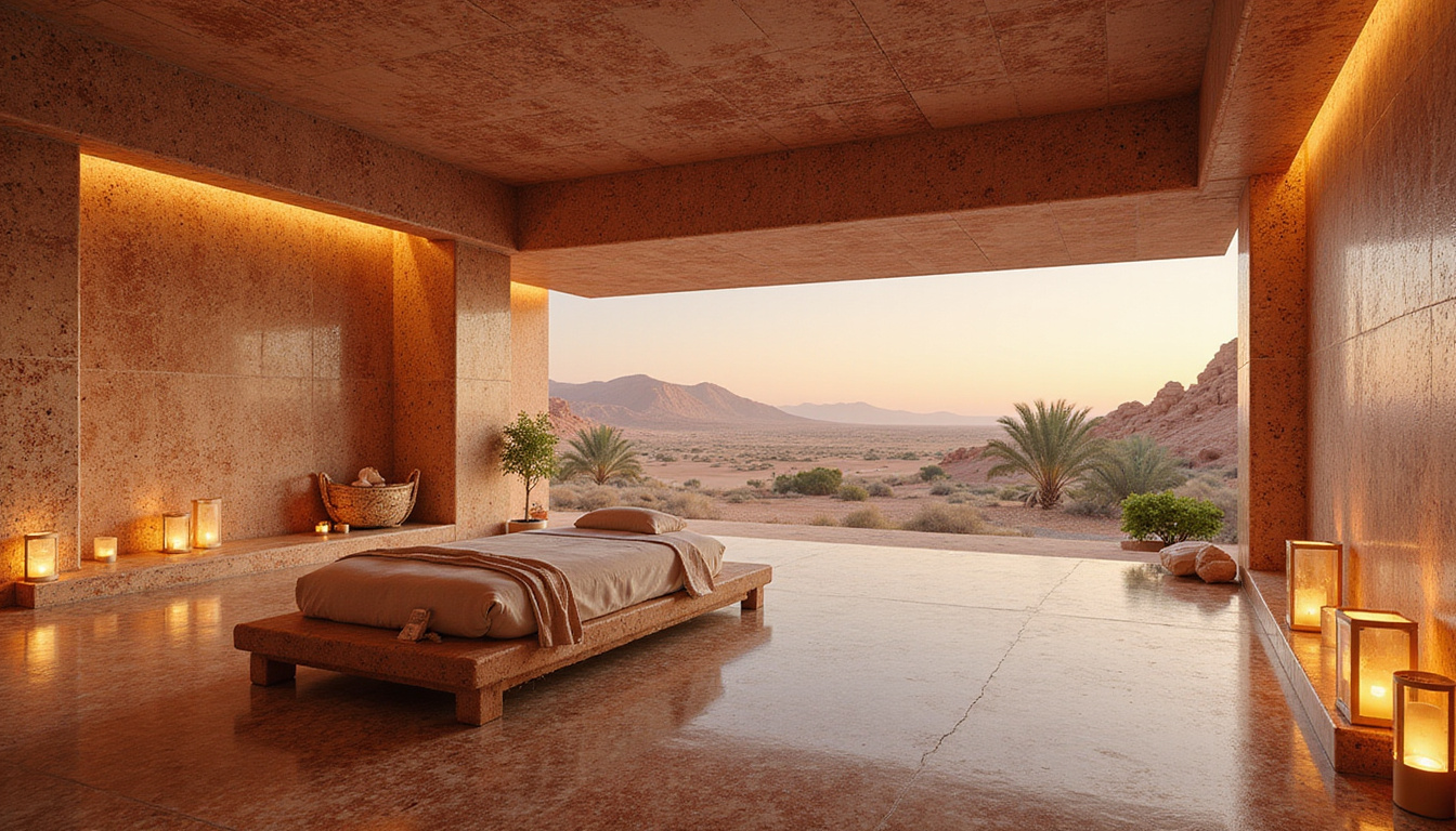 Private Egyptian villa spa with marble mosaic interiors, open-air massage pavilion, lanterns, serene desert horizon