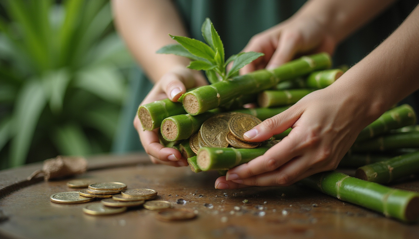 Close-up hands trimming vibrant green lucky bamboo, droplets, feng shui coins, calm nurturing ritual