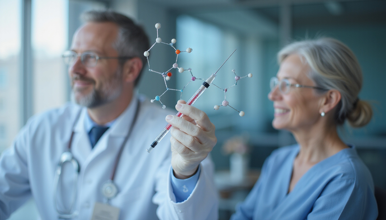  Scientist holding syringe, molecular PEG chains intertwined with hyaluronic acid, hopeful elderly patient background