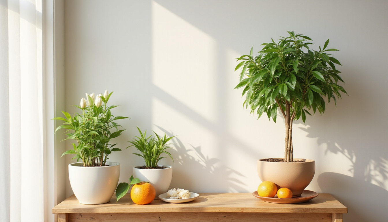Zen corner altar, potted lucky bamboo, peace lilies, citrus tree, soft morning glow