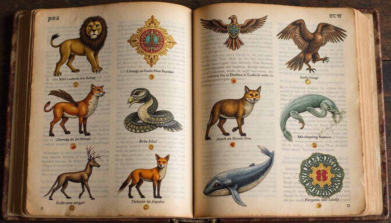 Ancient book open, illustrated bestiary showing lion eagle snake owl fox whale stag, golden sigils