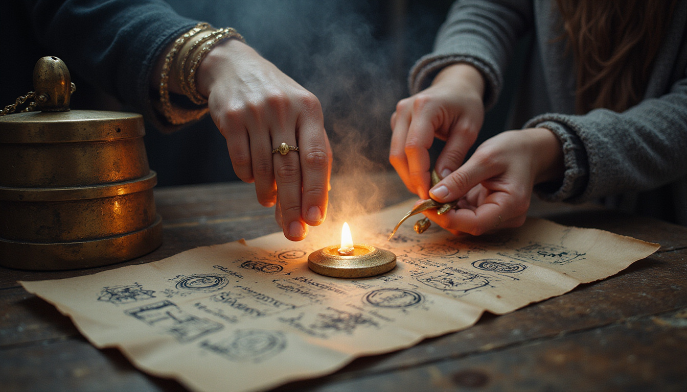 Hands arranging ritual tools, glowing sigils, brass bell ringing, smoky atmosphere, instructional parchment